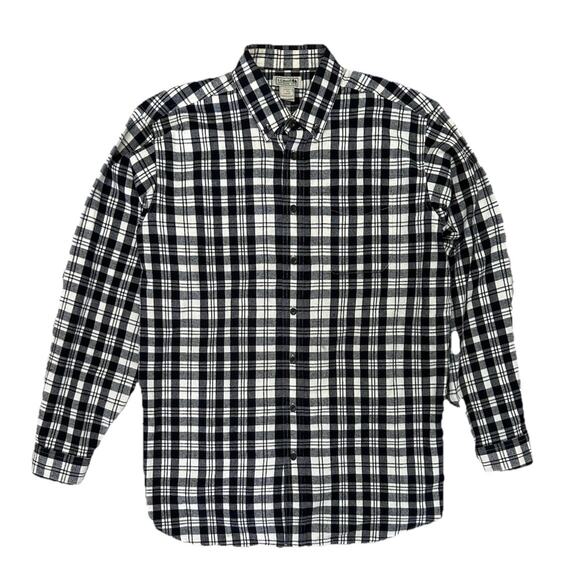 LL Bean Mens Flannel Button Up Long Sleeve Shirt Plaid Black White XL Tall - Picture 1 of 6